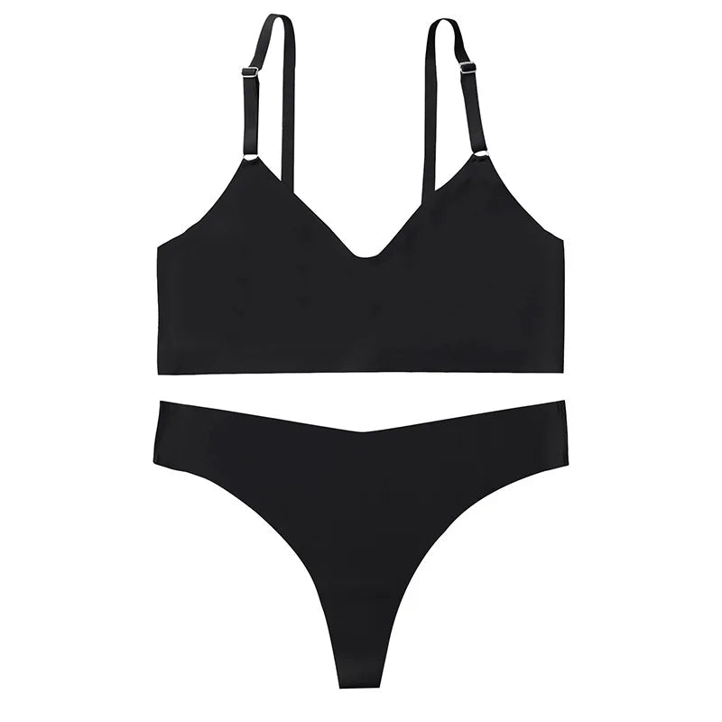Cotton Female Underwear Set Short skin care kits Ribbed Brassiere Sexy Thong Low Waist Panties Women Seamless Bra Lingerie Set