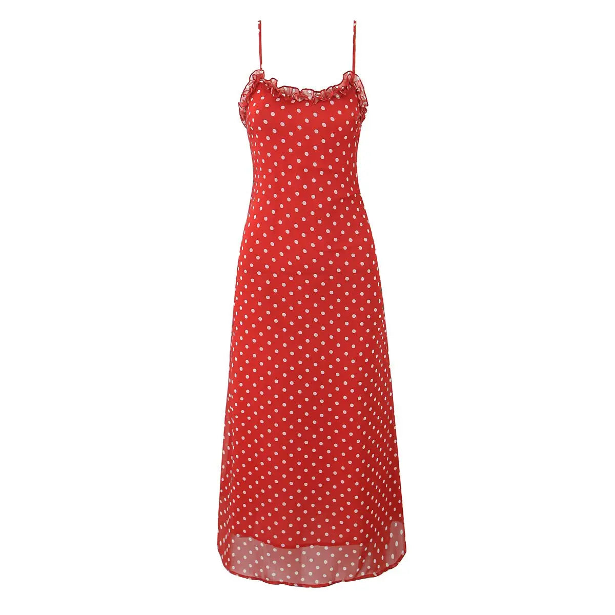 Foridol Polka Dot Printed Vintage Red Summer Dress Women Sleeveless Strappy Midi Boho Vestidos Spring Straight Beach Sundress