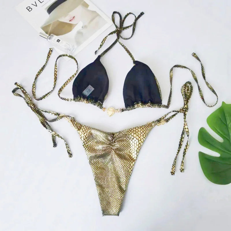 Snake Skin Rhinestone Diamond Bikini Female Swimsuit Women Swimwear Two-pieces Bikini Set High Cut Halter Bathing Suit Swim Lady