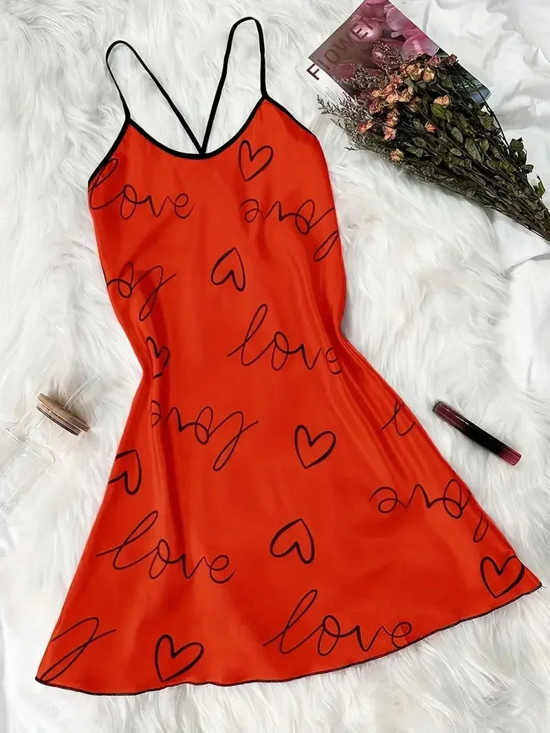 Valentine's Day Heart Printed Silk Satin Nightgowns for Women Sleepwear Sexy Nightdress Backless Nighties Lounge Wear
