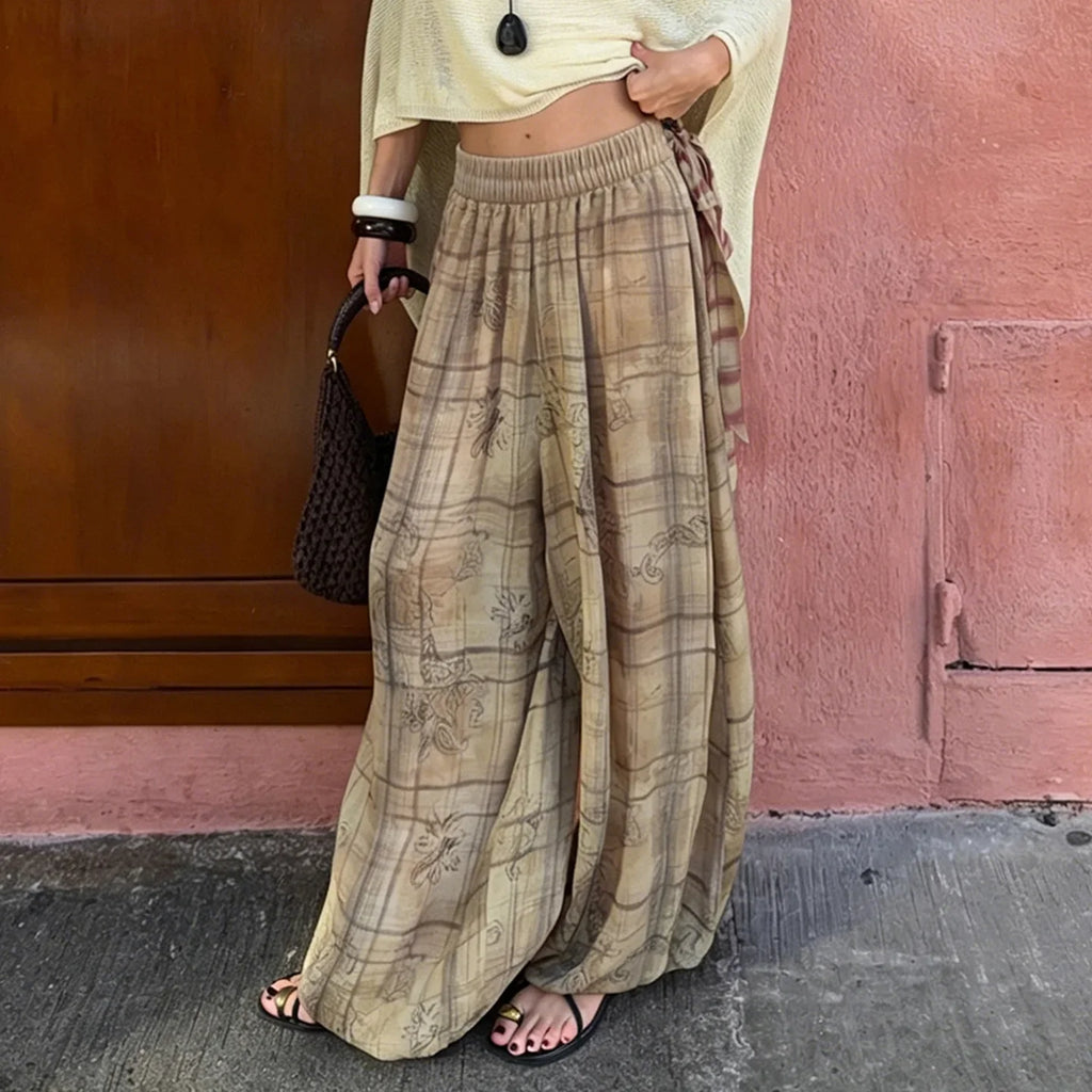 Low-waisted, loose-fitting, wide-slip casual trousers, lightweight woven trousers