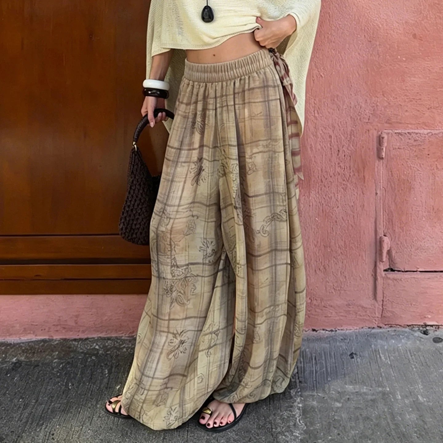 Low-waisted, loose-fitting, wide-slip casual trousers, lightweight woven trousers