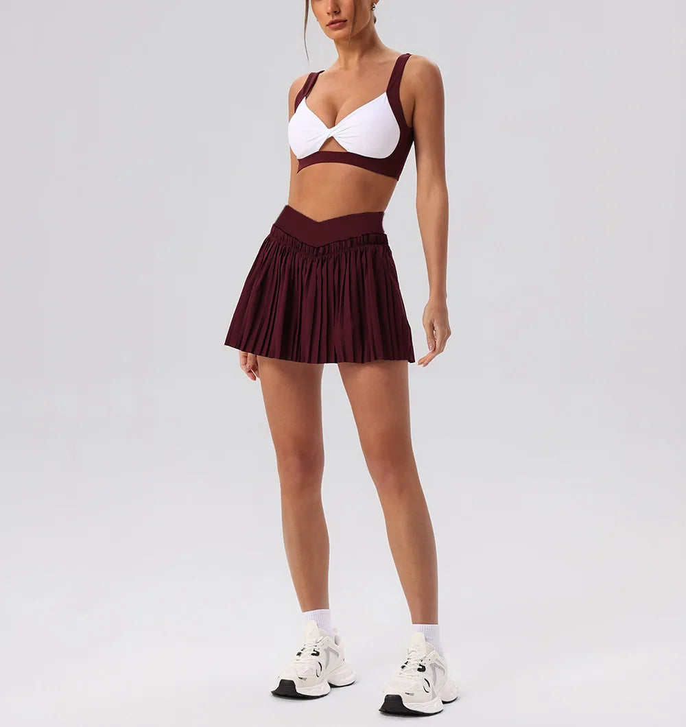 Tight Yoga Sets Women's Tracksuit Sexy Color Contrast Hollow Out Sports Bra High Waist Pleate Tennis Short Skirt Fitness Suits