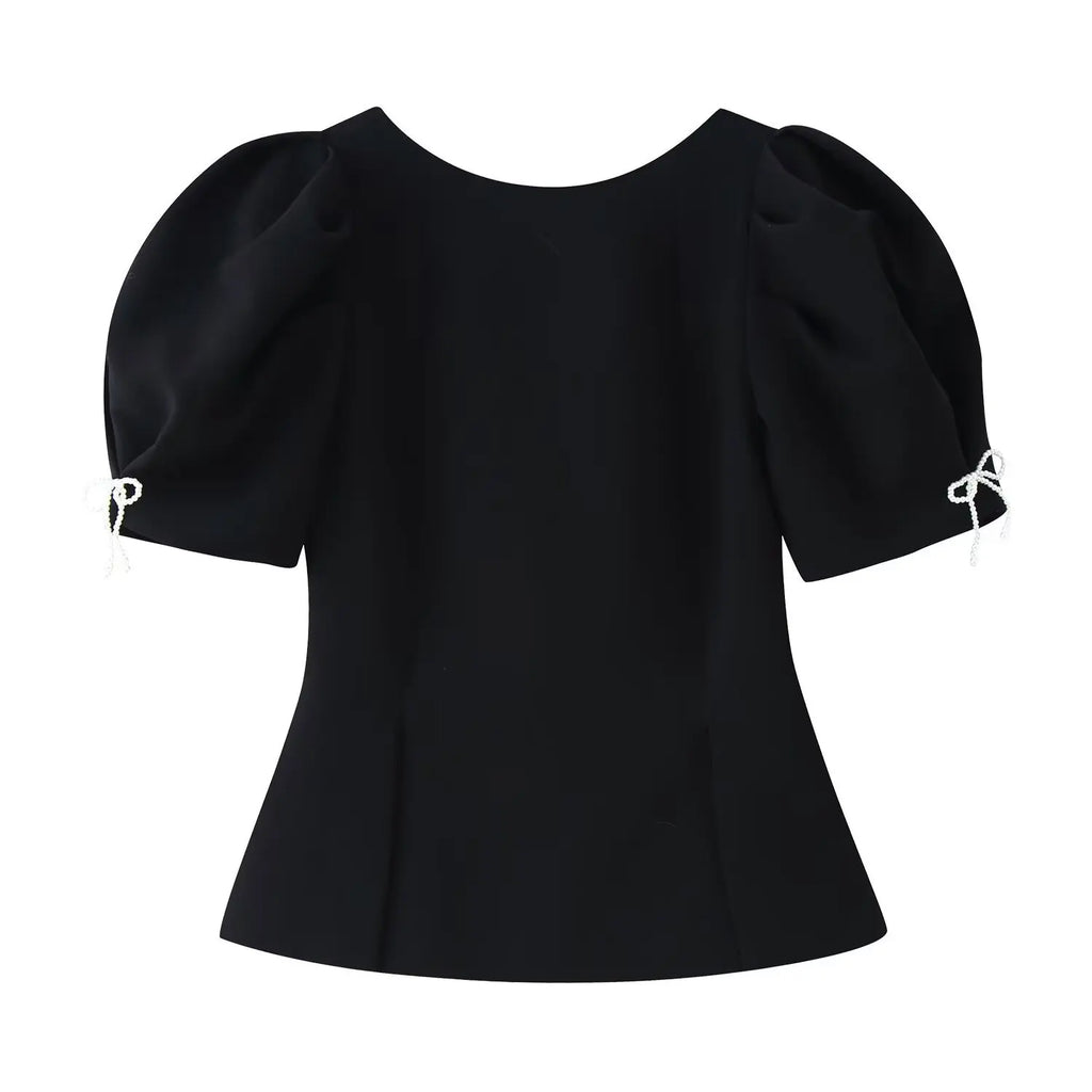Women's Fashion Casual Bowknot Faux Pearl Puff Sleeve Black Puff Sleeve Bow Detail Peplum Waist Short Sleeve Top For Women Q2Y3