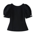 Women's Fashion Casual Bowknot Faux Pearl Puff Sleeve Black Puff Sleeve Bow Detail Peplum Waist Short Sleeve Top For Women Q2Y3
