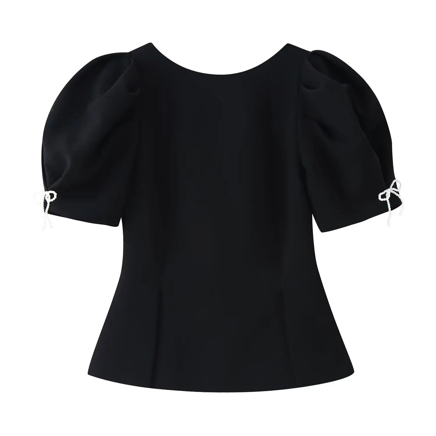 Women's Fashion Casual Bowknot Faux Pearl Puff Sleeve Black Puff Sleeve Bow Detail Peplum Waist Short Sleeve Top For Women Q2Y3