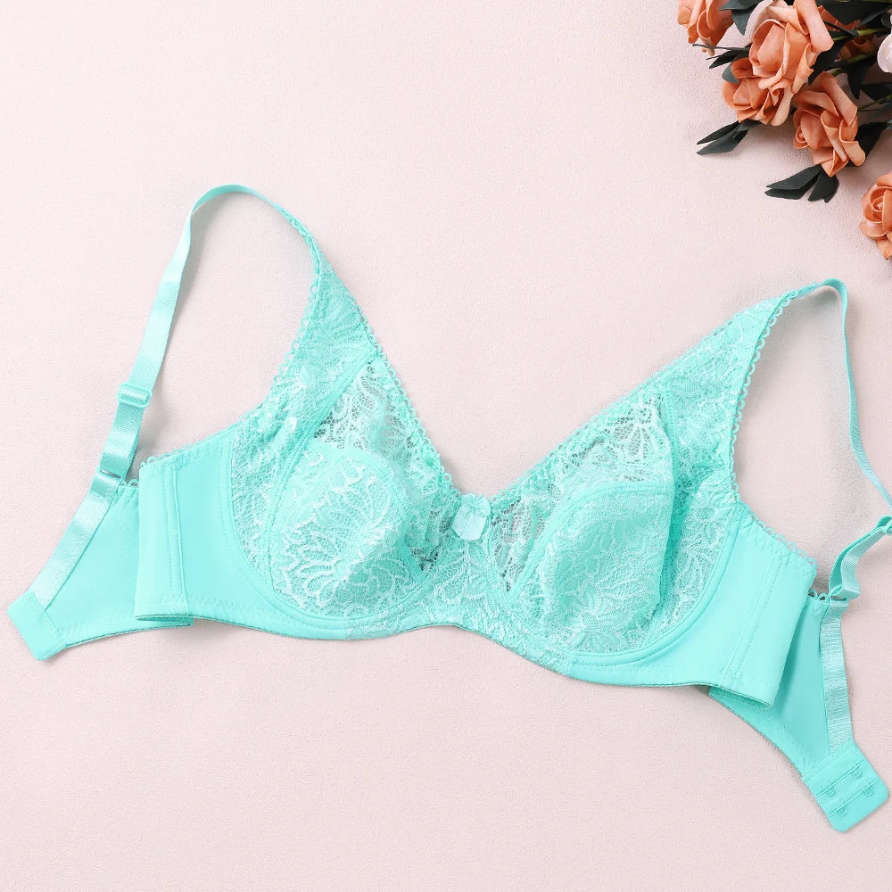 3 Pcs Womens Bras Ultra-Thin Perspective Lace Sheer Plus Size Bra Underwire Sexy Underwear Lingerie BH Tops D E F Cup