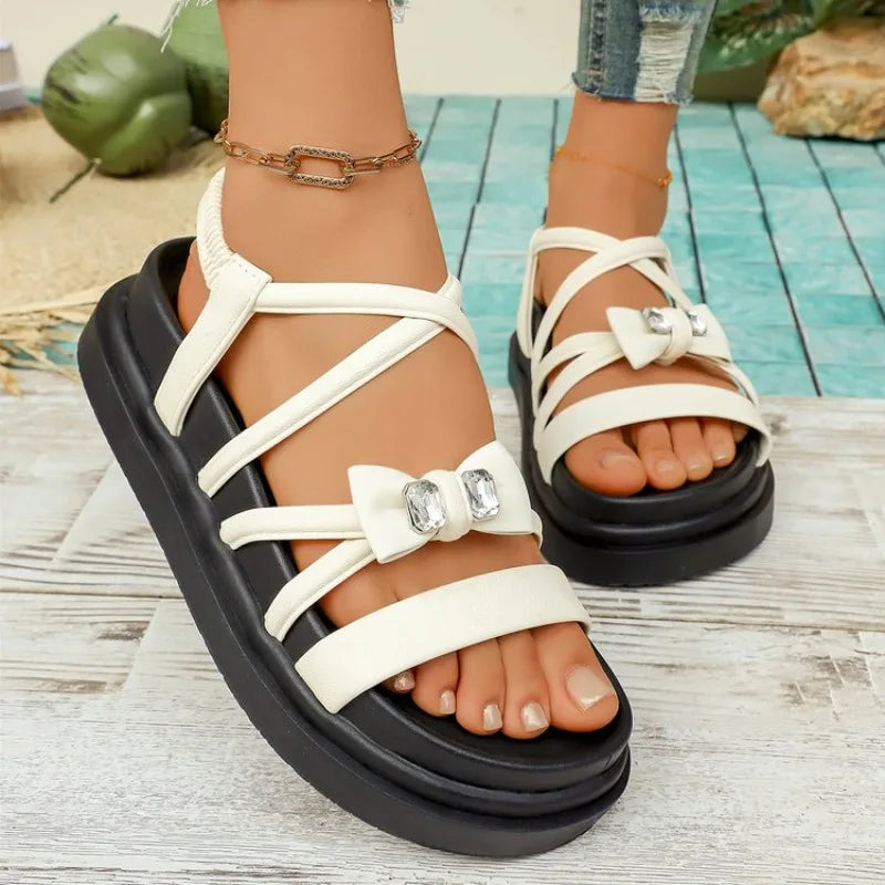 Women's Rhinestone  Platform Sandals Casual Cross Strap Summer Shoes Non-Slip Thick Sole Beach Footwear