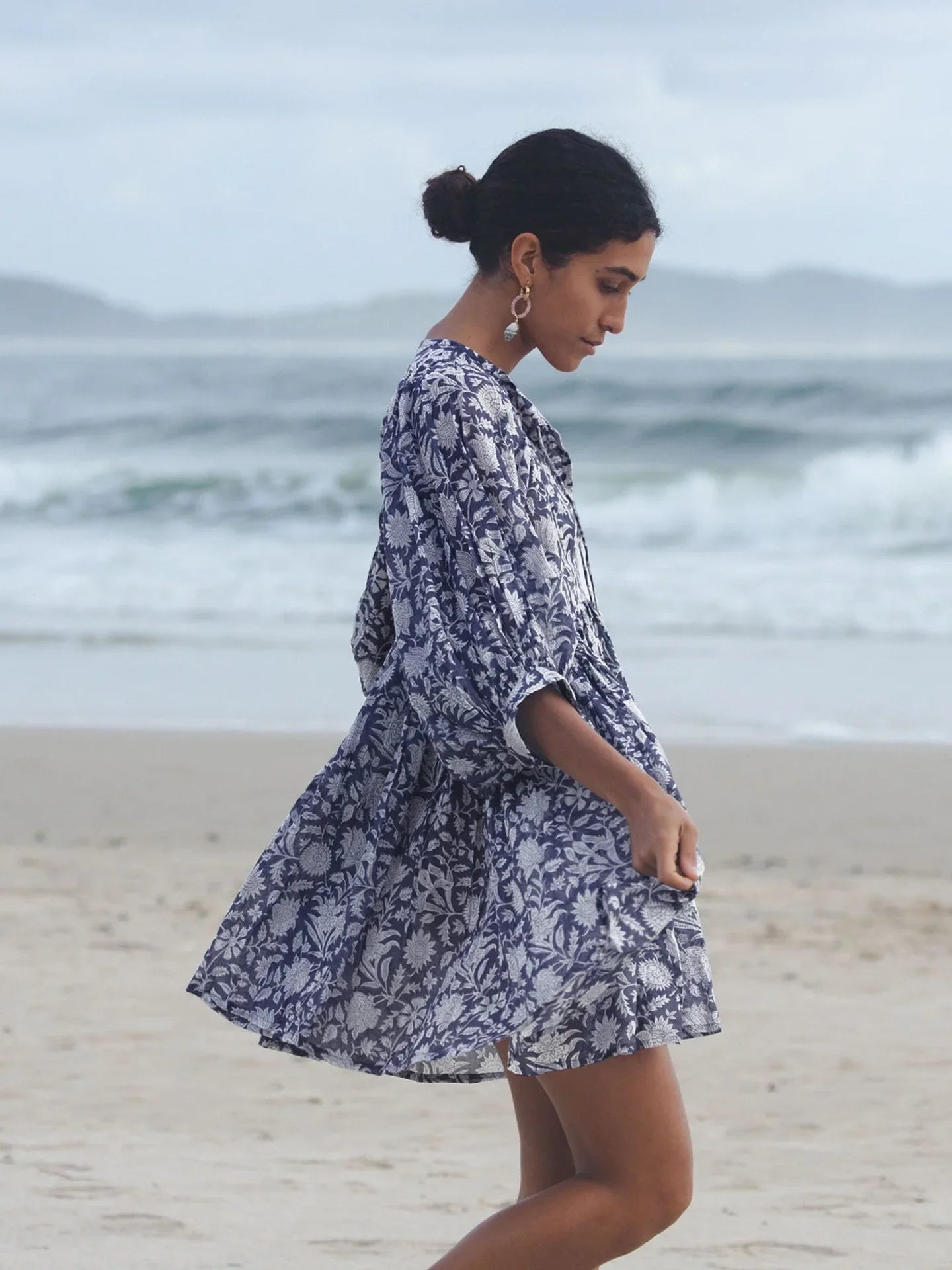 Foridol Lantern Half Sleeve Cyan Bohemian Beach Midi Loose Dress Summer for Women Tie Up Casual Floral Holiday Midi Vestidos