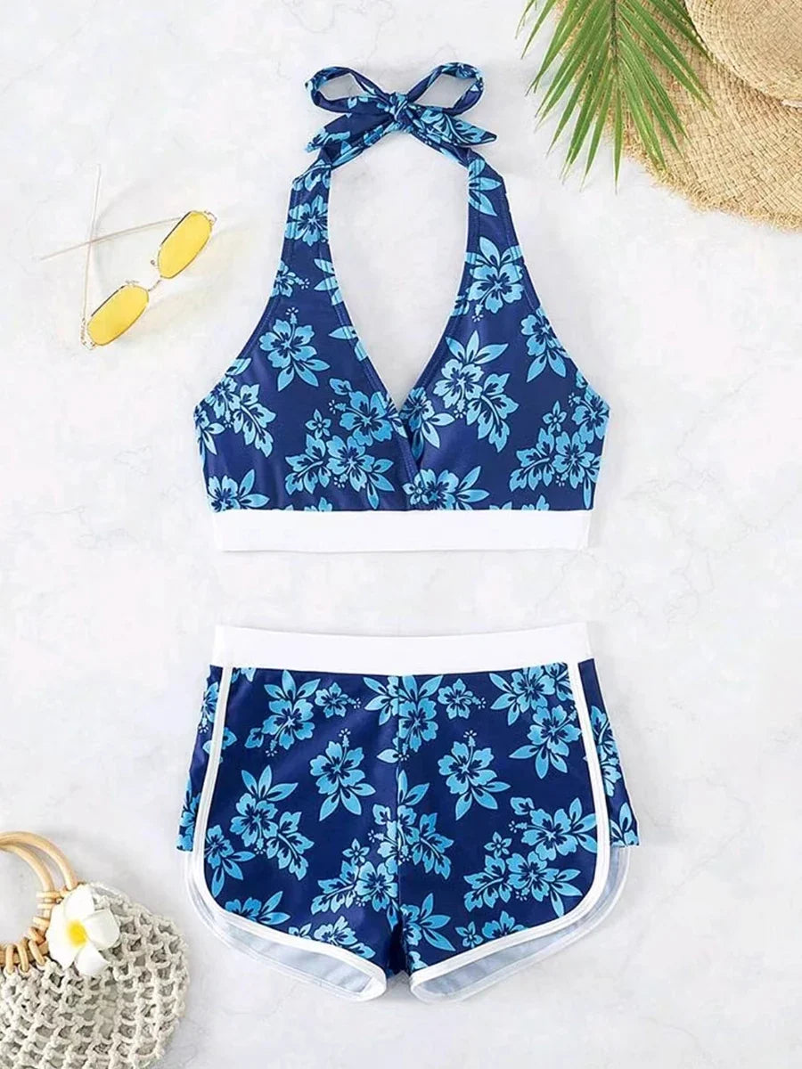 2026 Halter Sporty Bikinis Printed Swimsuit Women High Waist Shorts Swimwear Female Bathers Bathing Swimming Swim Suit Beachwear