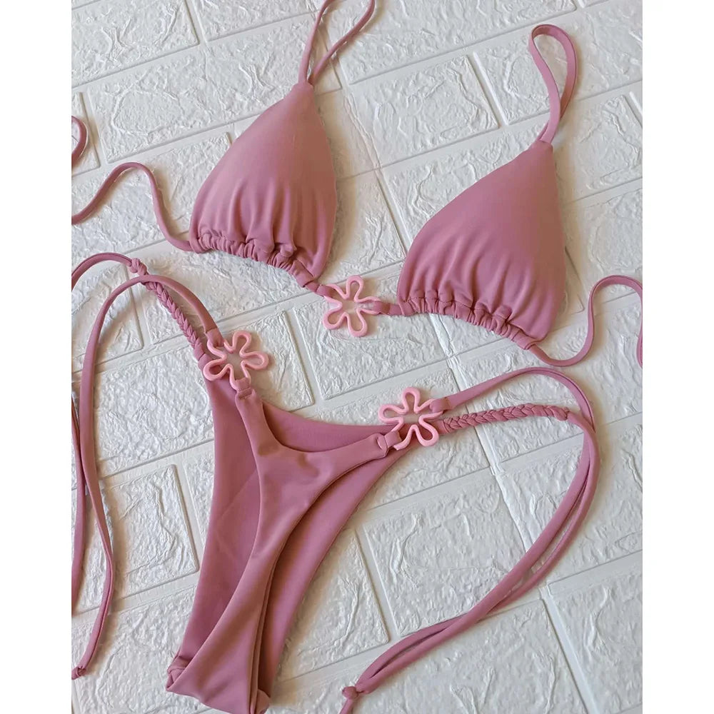 2025 Halter Bikinis Women Swimsuit New Sexy Swimwear Floral Brazilian Bikini Set Micro Biquini Female Cute Solid Beachwear