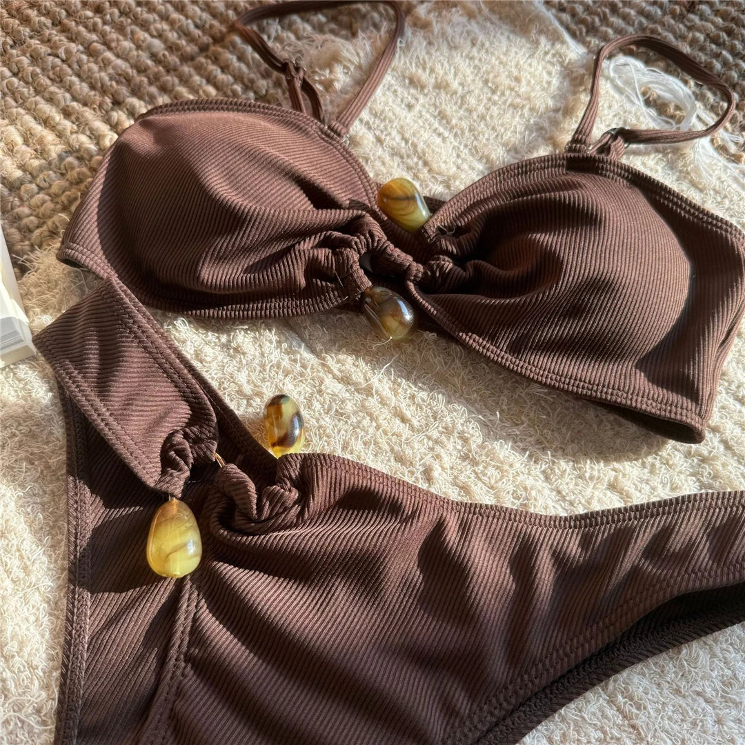 New Sexy Ribbed Brazilian Bikini Padded Bathing Suit Bather Swim Female Swimsuit Two-Pieces Bikini Set Women Swimwear V6343R