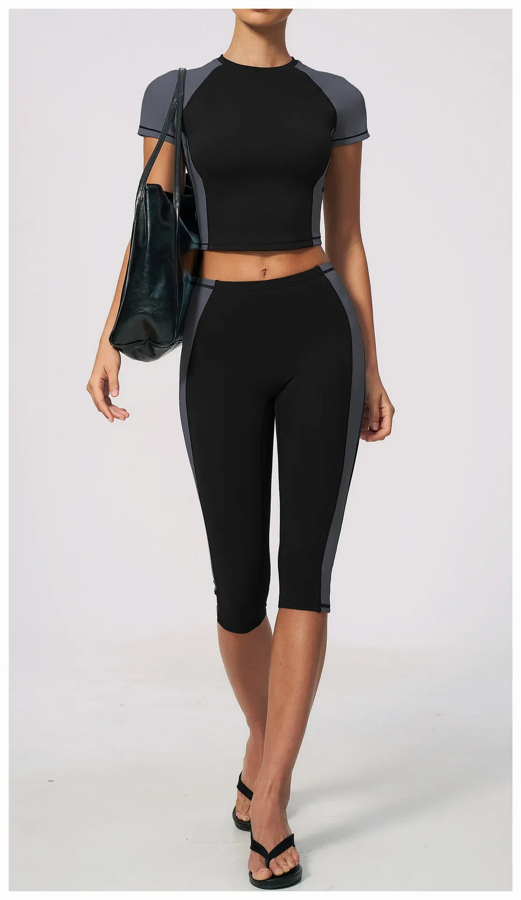 Color Blocking 2PCS Yoga Set Women's Tracksuit Short Sleeve O Neck Sports T Shirts High Waist Cropped Pants Tight Fitness Suits