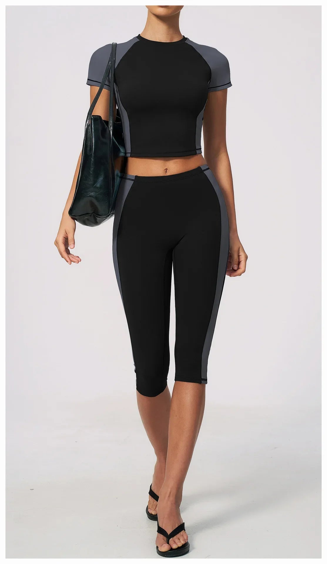 Color Blocking 2PCS Yoga Set Women's Tracksuit Short Sleeve O Neck Sports T Shirts High Waist Cropped Pants Tight Fitness Suits
