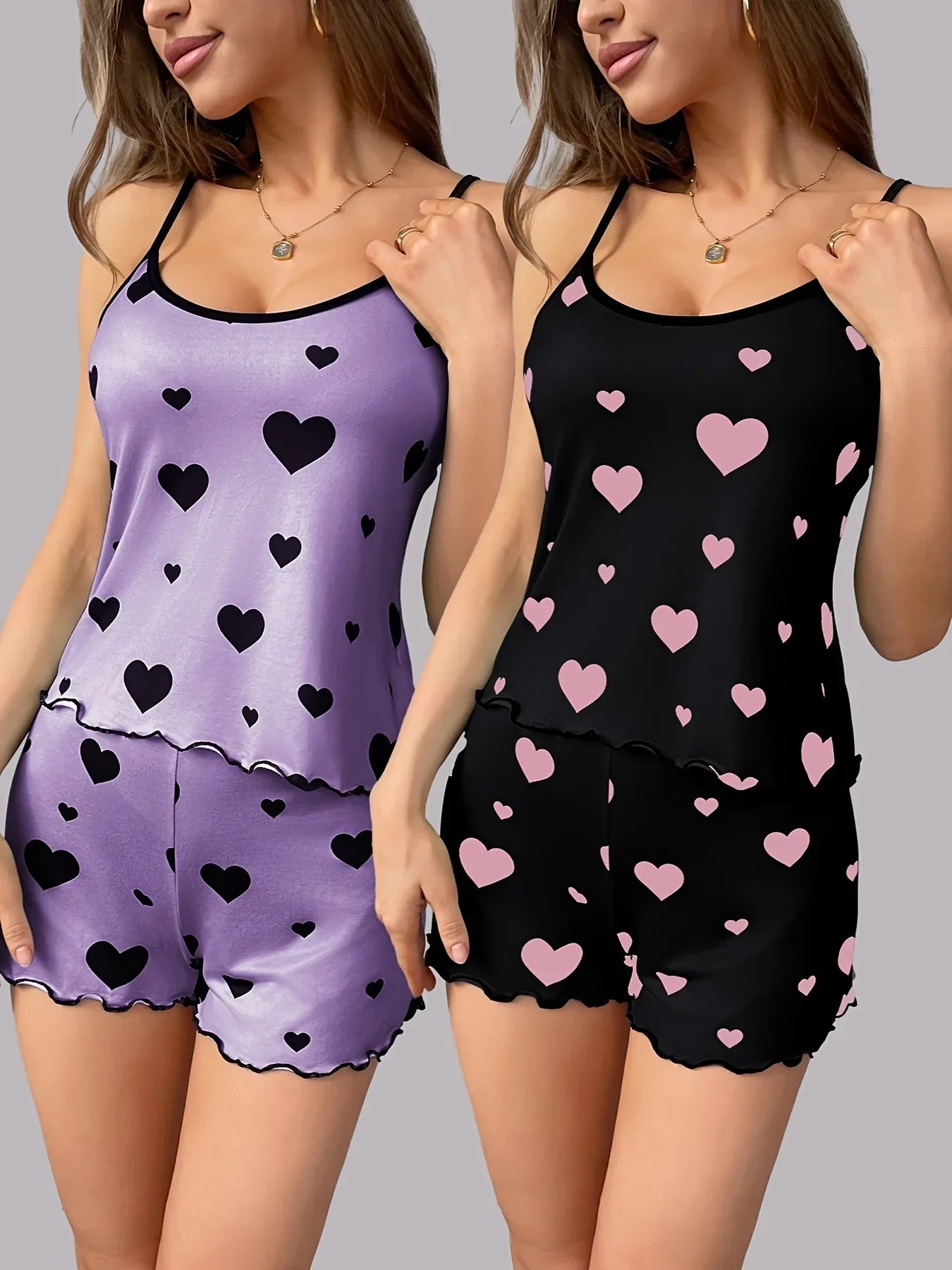 Women Pajama Set Summer Sleepwear Heart Love Pattern Cami Tops and Shorts Set Loungewear Soft Comfy Nightwear