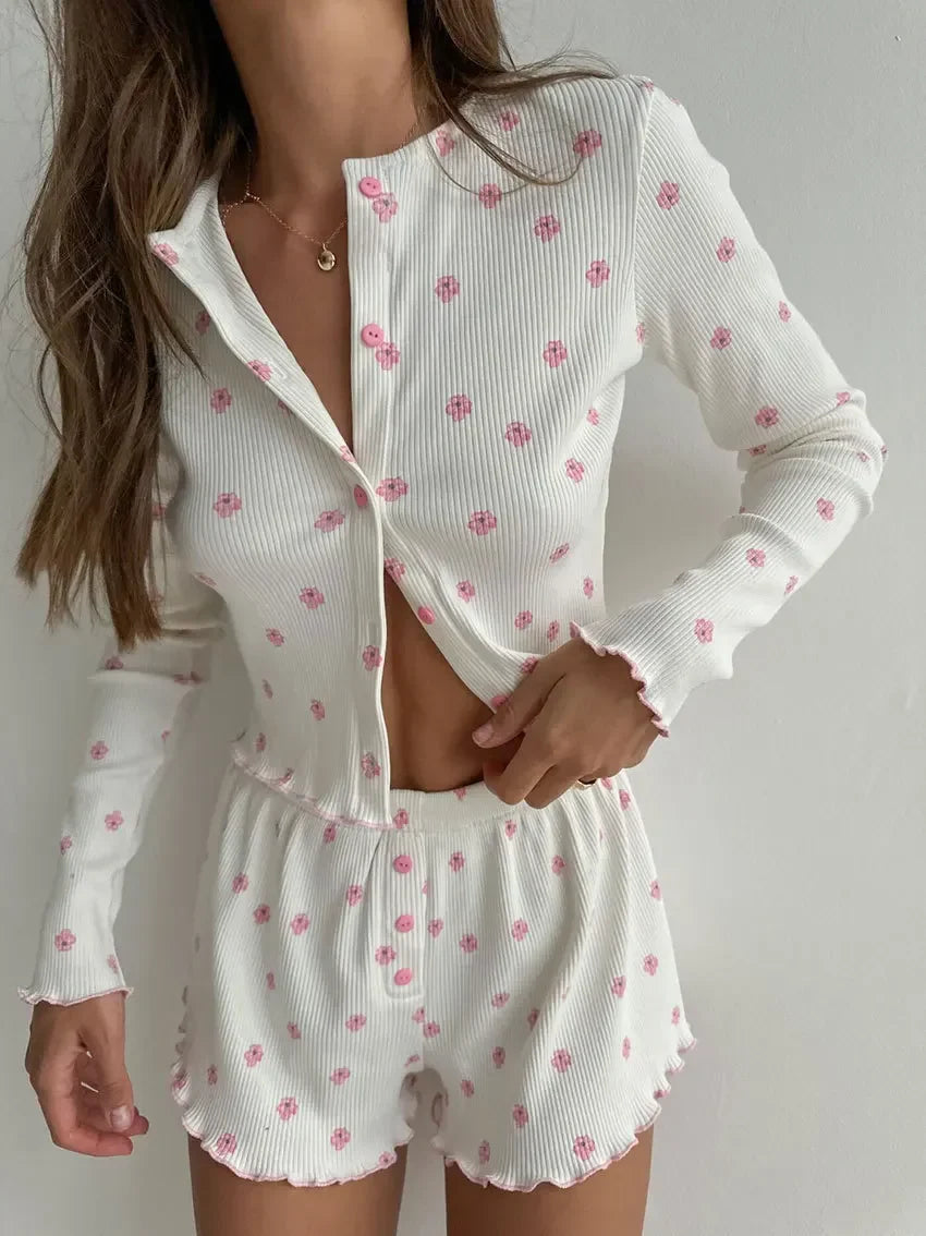 Women Ribbed Knitted Pajama Sets Floral Print Long Sleeve Top and Shorts Casual Loungewear Home Clothes Sleepwear