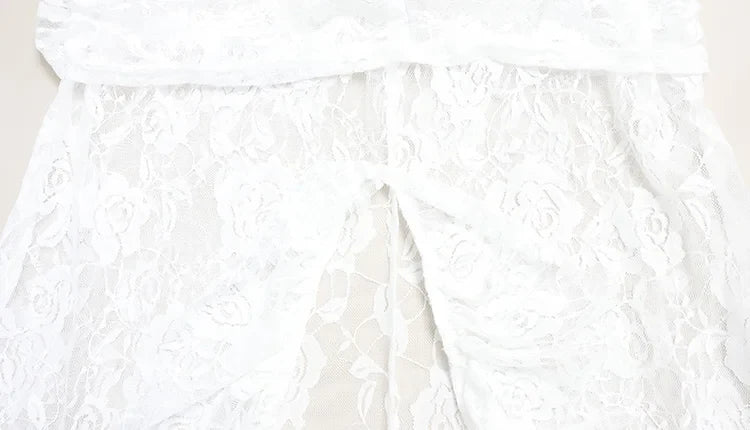 Ahagaga Elegant Lace Women Maxi Dresses Strapless Sheer Sexy Folds Solid Asymmetrical V-Neck Vestidos Robe Sheath Slim Fit Party