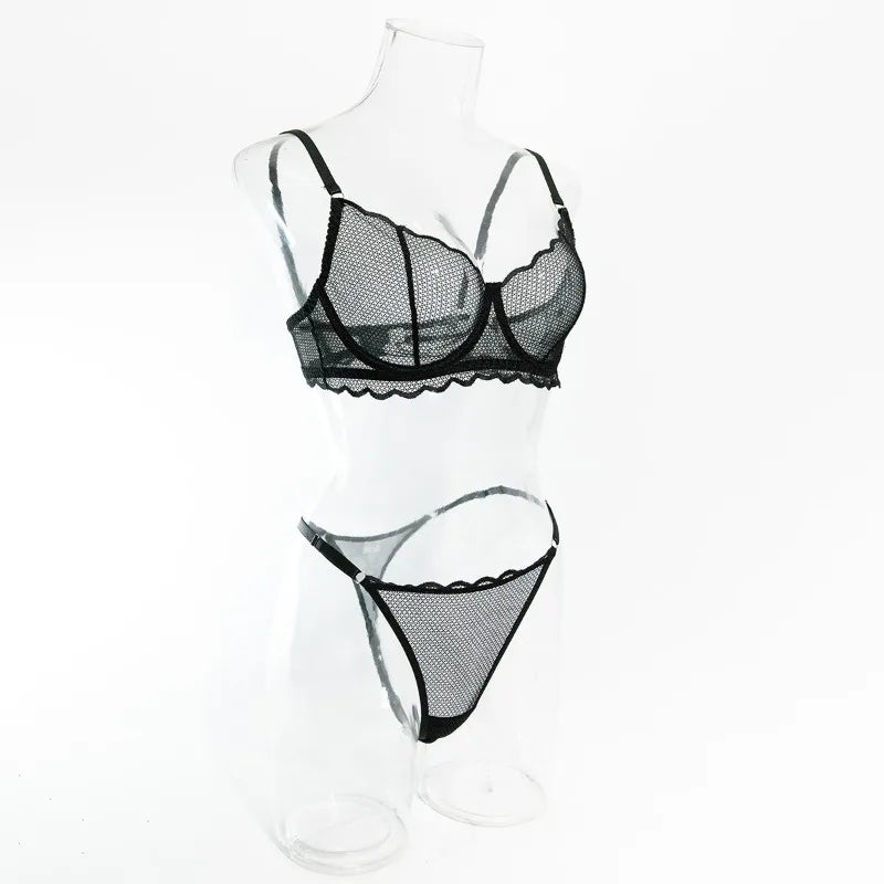 Toucheart Sexy Lingerie Suit for Women Lace Mesh Ultra-thin Underwear Comfortable Bra Set with Steel Rings Hollow Out Underwear