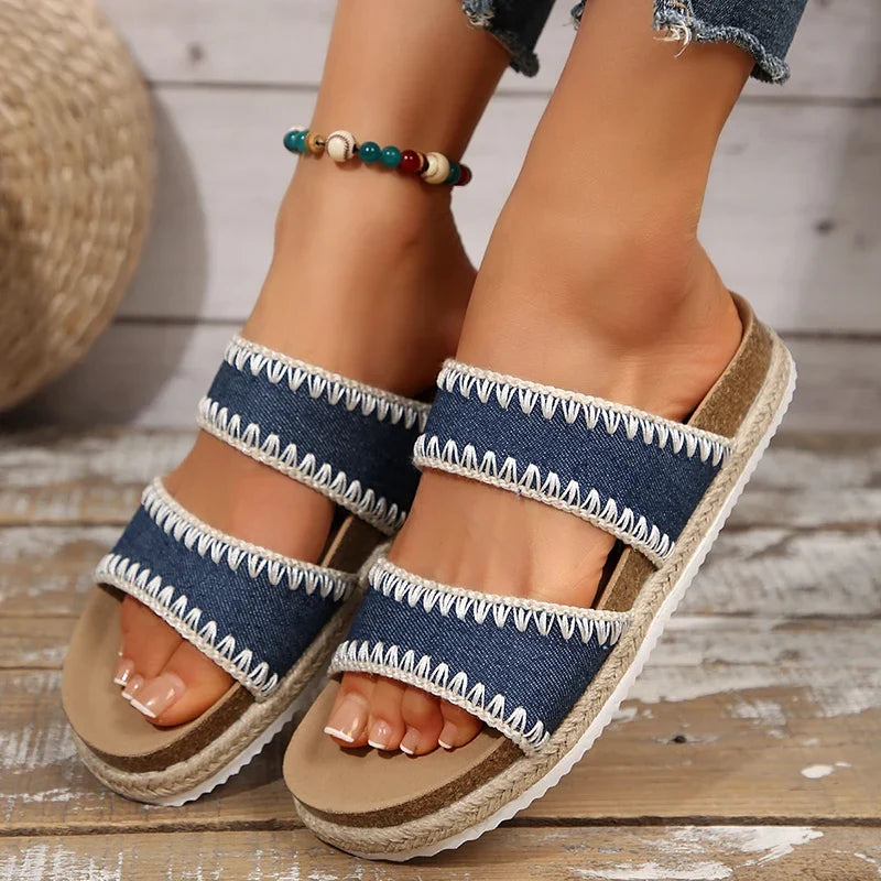 Bohemian Style Platform Slippers Women Plus Size 43 Embroidery Denim Thick Bottom Sandals Woman Open Toe Non Slip Summer Sandles