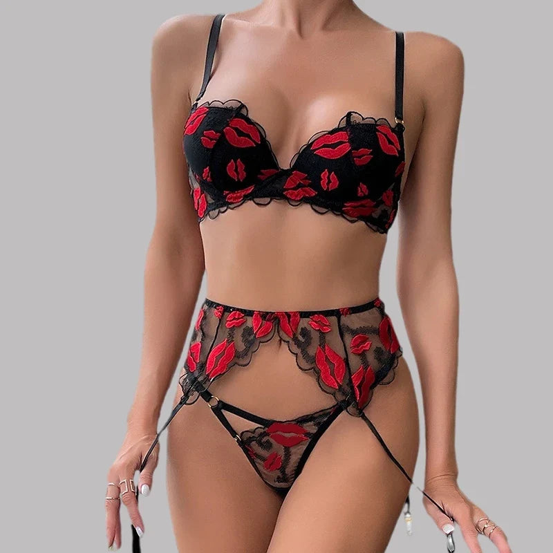 Toucheart Sexy Bra Lingerie 2-piece Set Mesh Transparent Bodysuit Heart Embroidery Lace Hollow Underwear Sexy Bras Body Femme