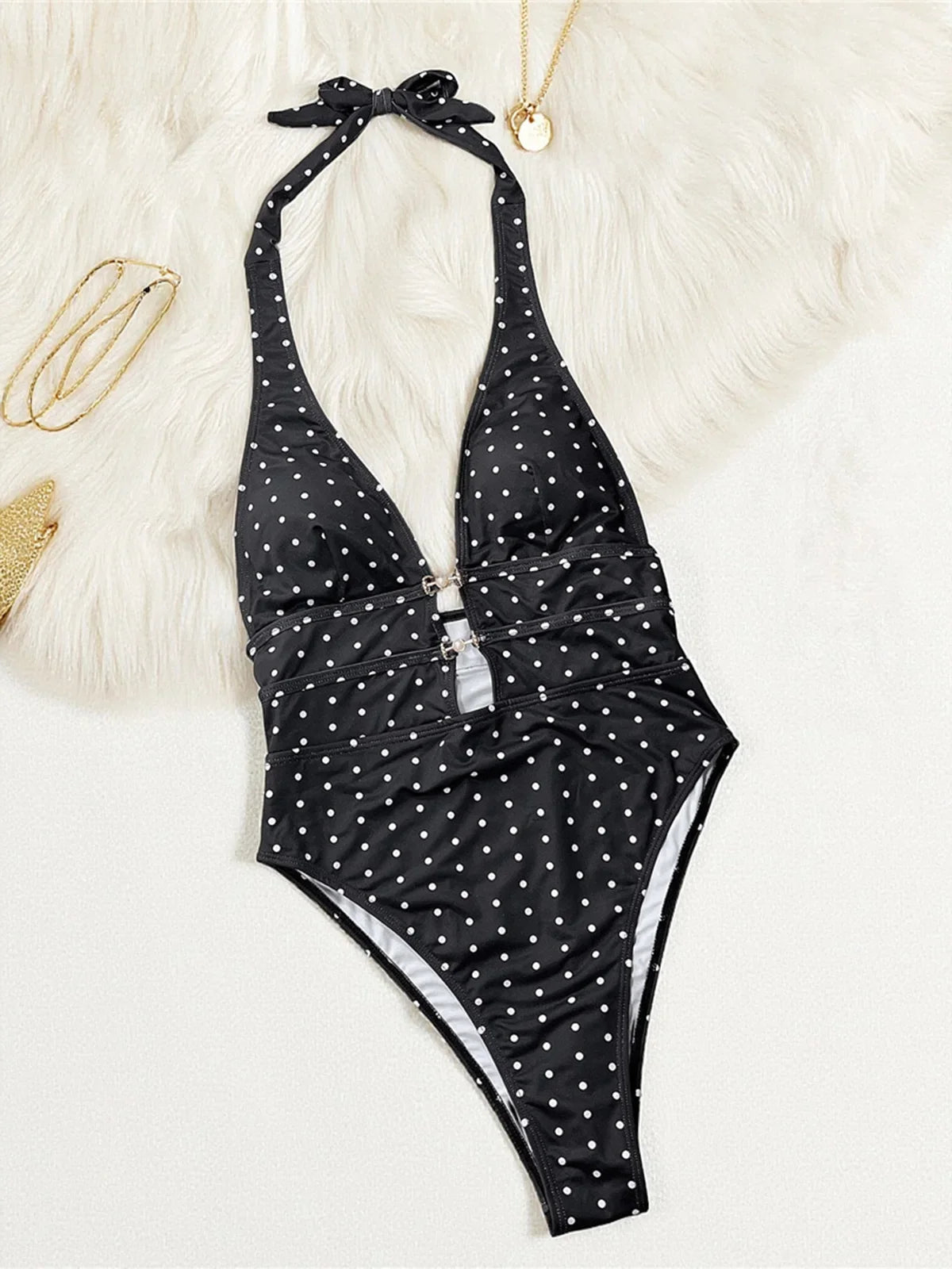 Polka Dots Halter Deep V Neck One Piece Swimsuit Women Swimwear Female Backless Monokini Padded Bather Bathing Suit Swim V7729