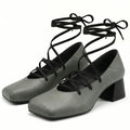 Plus Size 52 Retro Lace Up Ankle Wrap Mary Jane Heels Women Shoes Square Toe Faux Leather Chunky Block Mid Heel Vintage Pumps