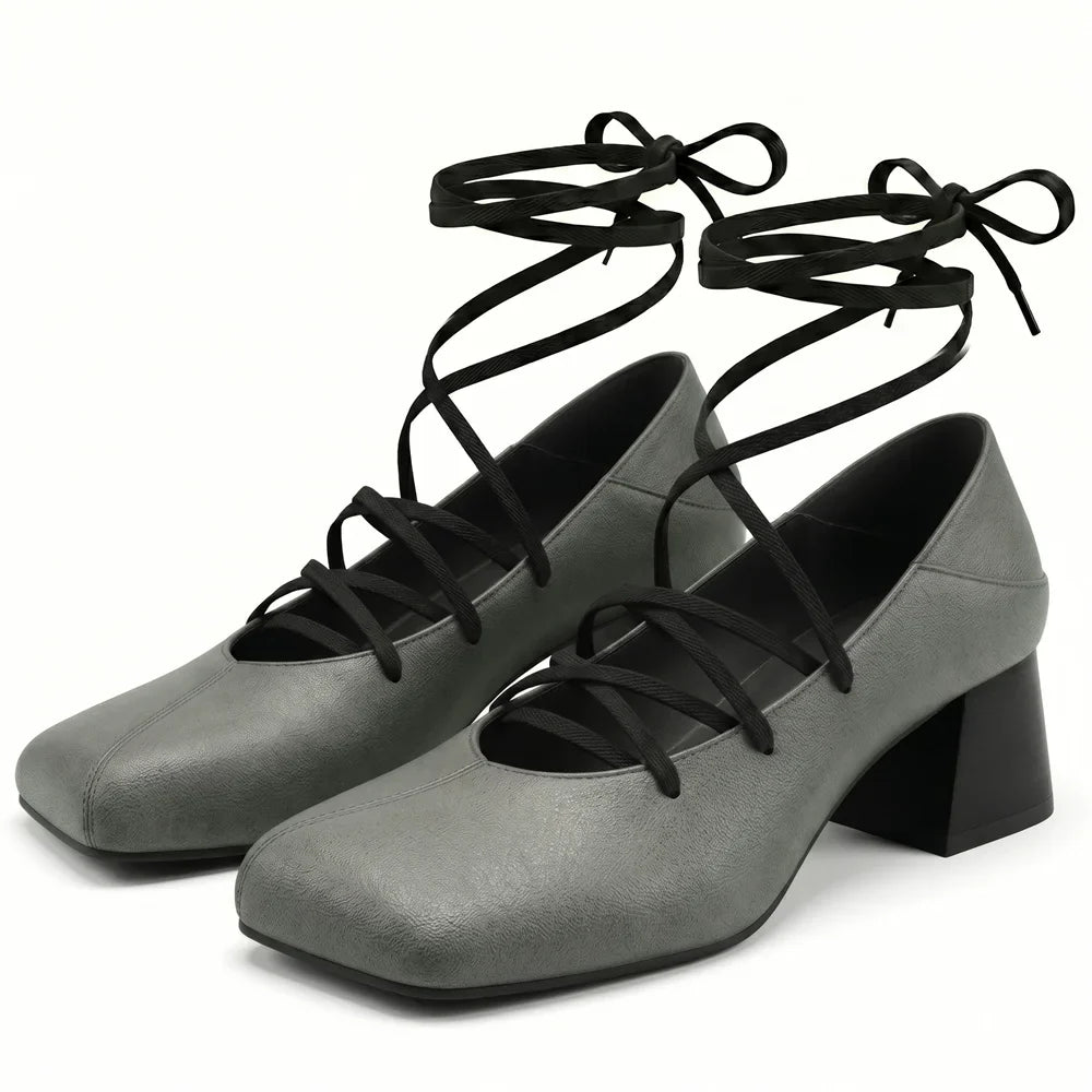 Plus Size 52 Retro Lace Up Ankle Wrap Mary Jane Heels Women Shoes Square Toe Faux Leather Chunky Block Mid Heel Vintage Pumps