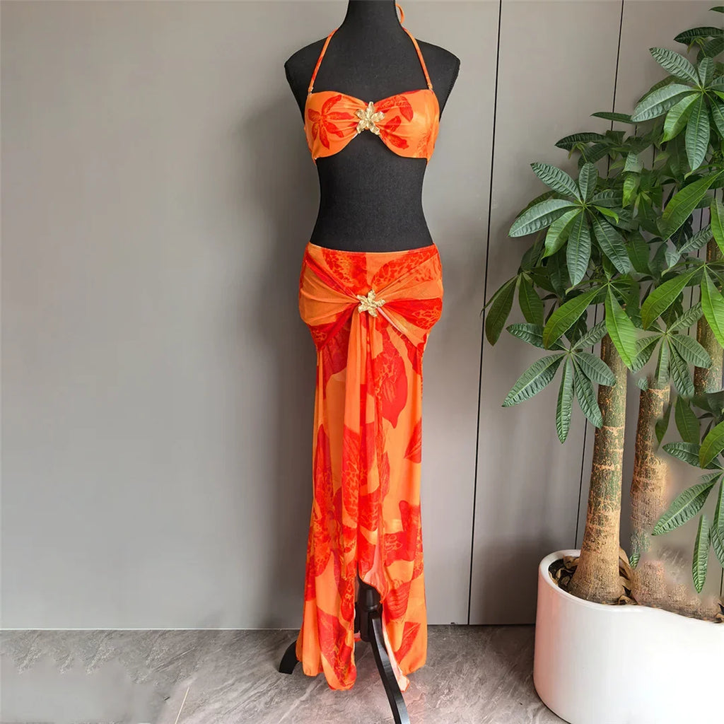 New With Skirt Metal Flower Printed Bikini Female Swimsuit Women Swimwear Three-Pieces Bikini Set Bather Bathing Suit Swim V7285