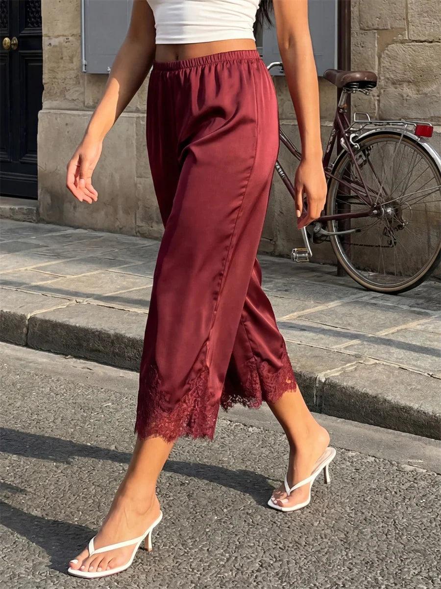 Women's Satin Lace Hem Capris Elastic Waist Loose Fit Wide Leg Pants Solid Color Lounge Street Casual Cropped Pants Summer