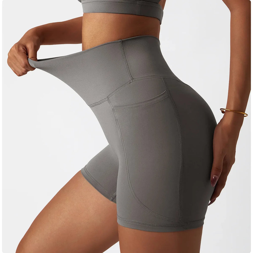 Comfortable Skin Friendly Summer High Waist Yoga Shorts Gym Hip Lift Pants Pocket Breathable Running Cycling Sports Shorts Women