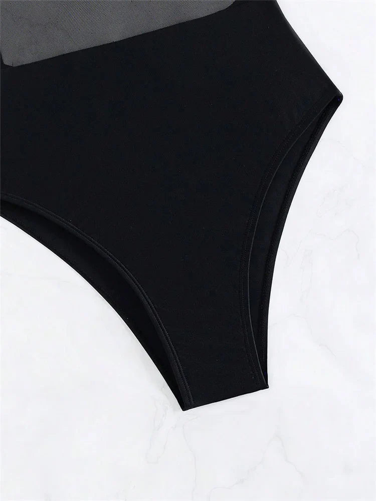 Sexy See Through One Piece Swimsuit 2025 Women Solid Black Mesh Transparent Hollow Out Backless Bathing Suit Swimwear Beachwear