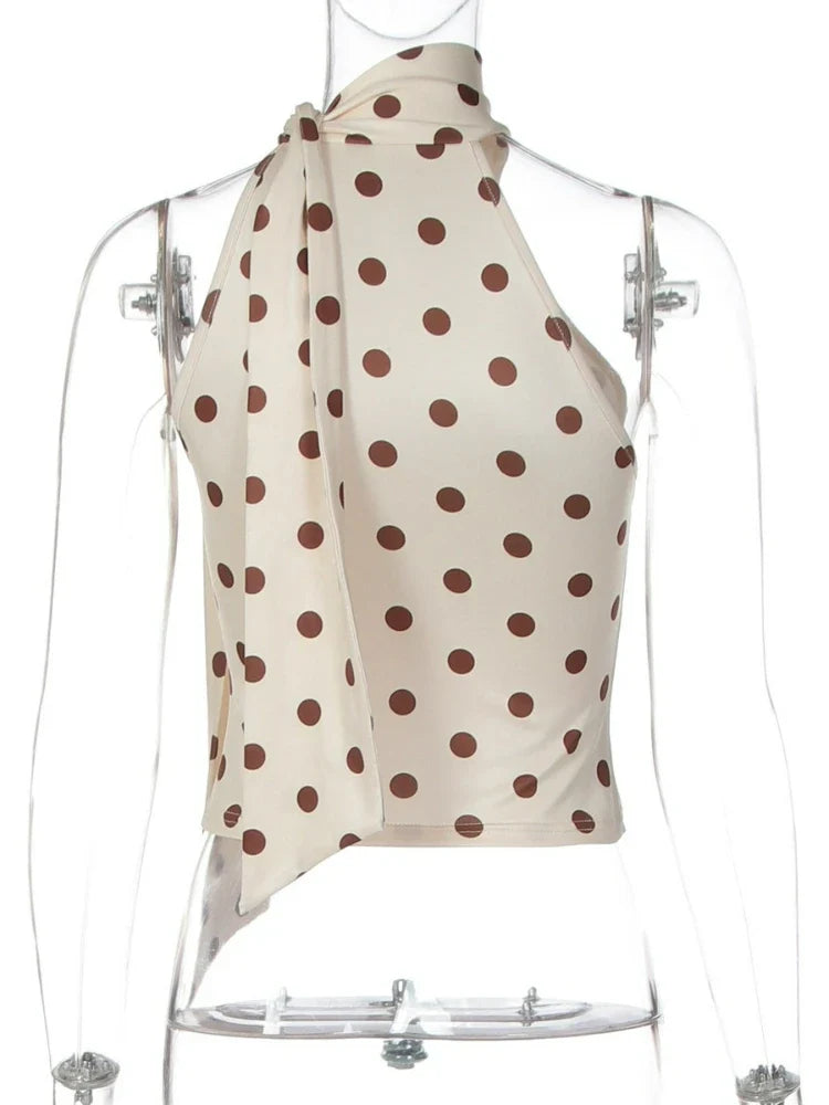 FDYOUI Elegant Bandage Off Shoulder Polka Dot Tank Tops for Women 2026 Summer Sleeveless Crop Top T-shirt Female Slim Corset