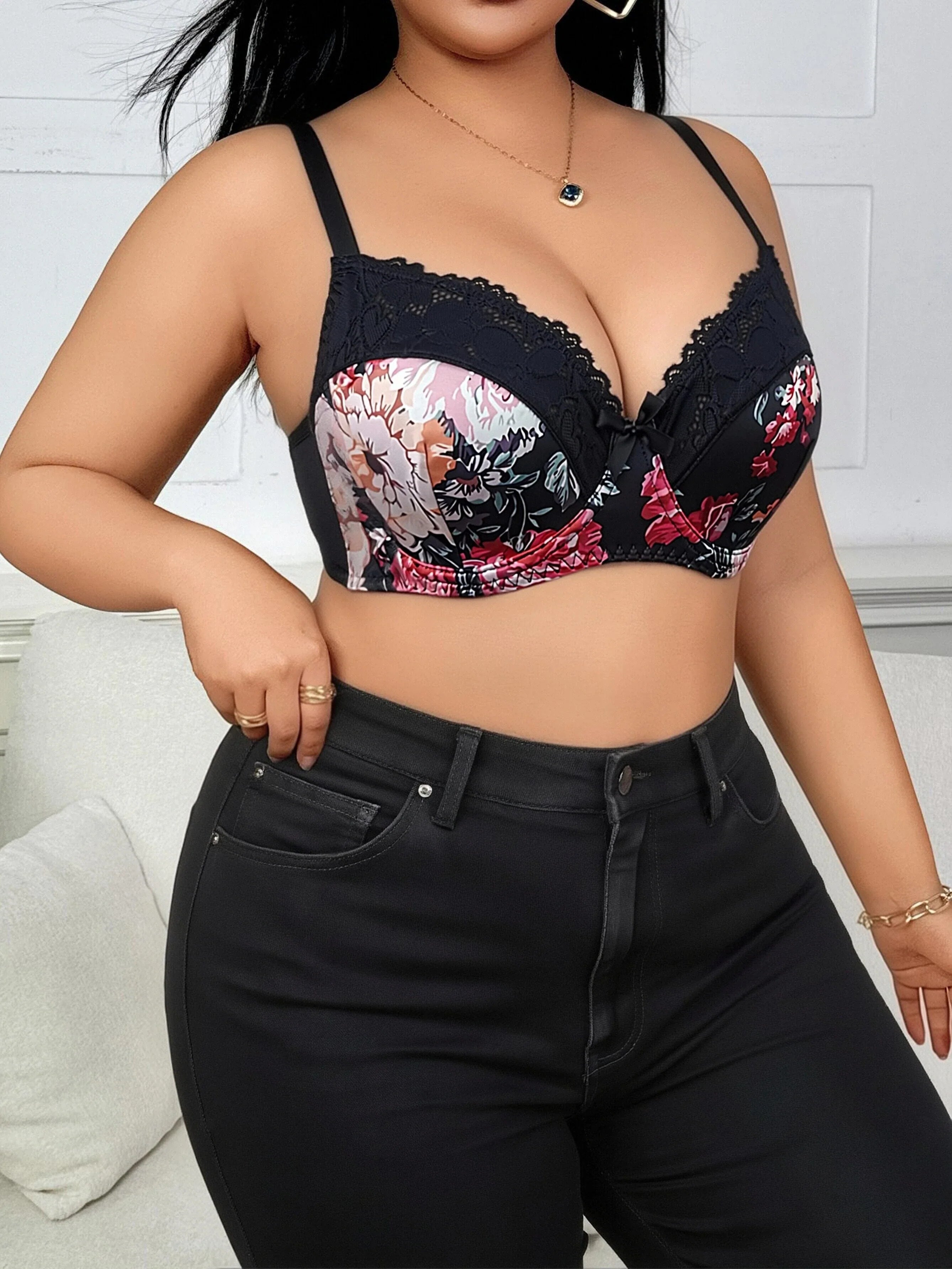 Anti-sag Push Up Bra Plus Size Black Base Red Floral Print Lace Side Gather Lift Up Large Brassiere Flower Pattern Underwear