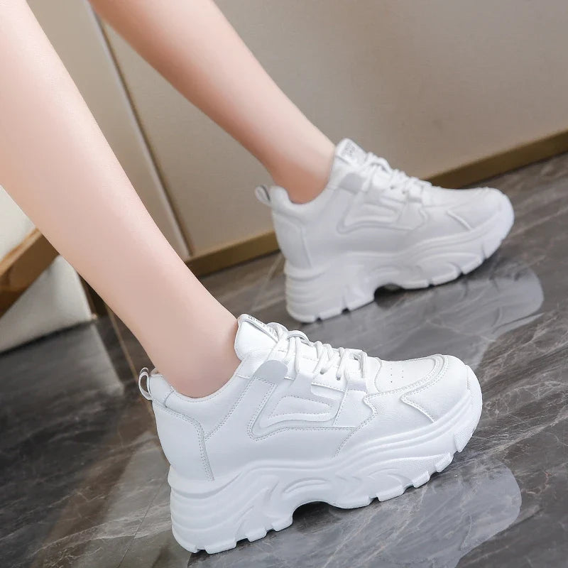 White Platform Women's Sneakers 2025 Autumn Lace-Up Thick Bottom Sports Shoes Woman Pu Leather Breathable Walking Shoes Female
