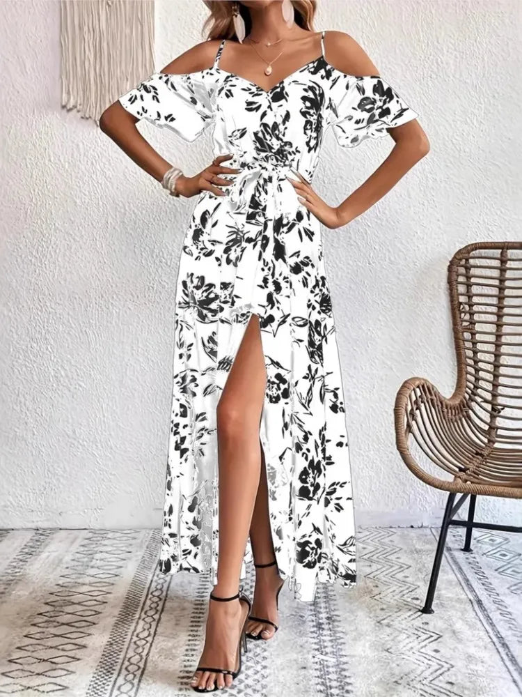 New Summer Women Print Dress 2025 Fashion Elegant  Vacation Party Short Sleeve Slim V-neck Slit Long Dresses Vestidos Para Mujer