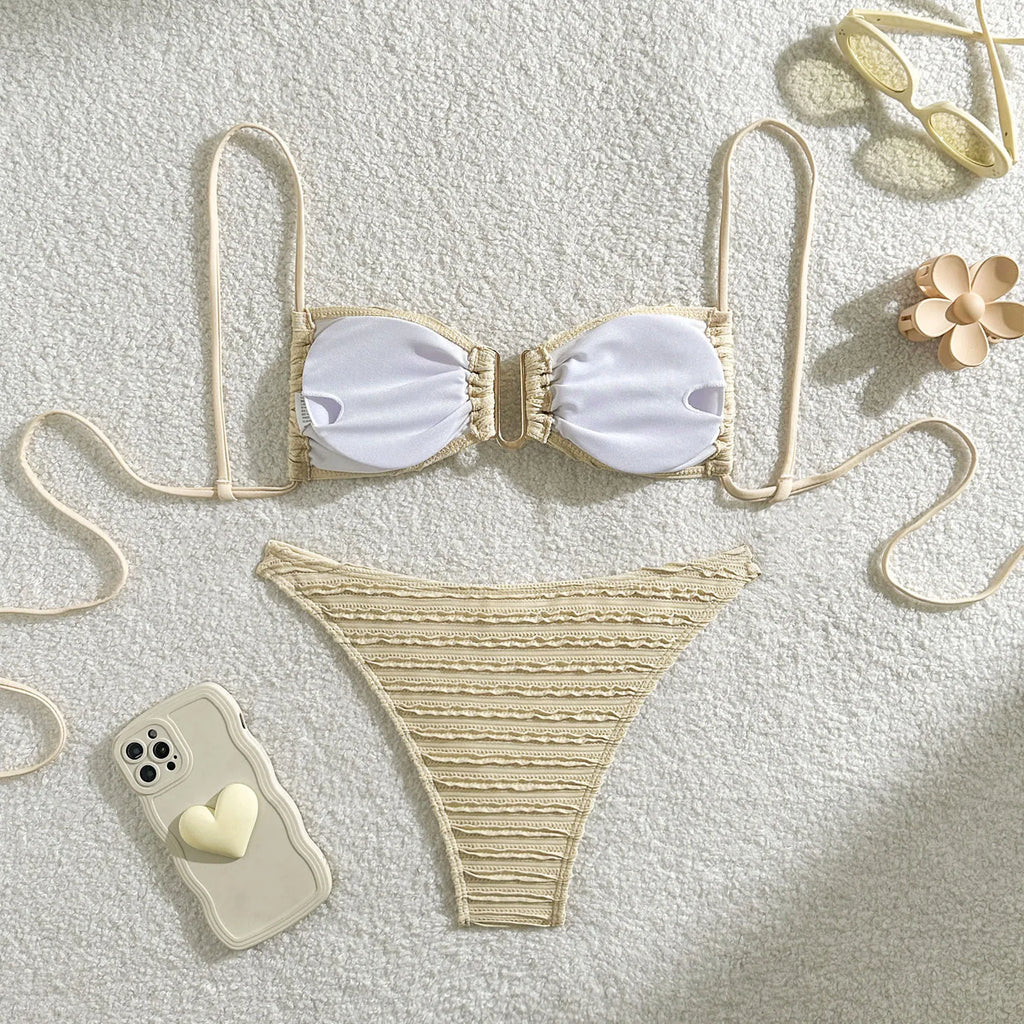 2026 Wrinkled U Ring Bandeau Bikini Women Swimwear Female Swimsuit Two-pieces Bikini Set Bather Pool Bathing Suit Swim Beachwear
