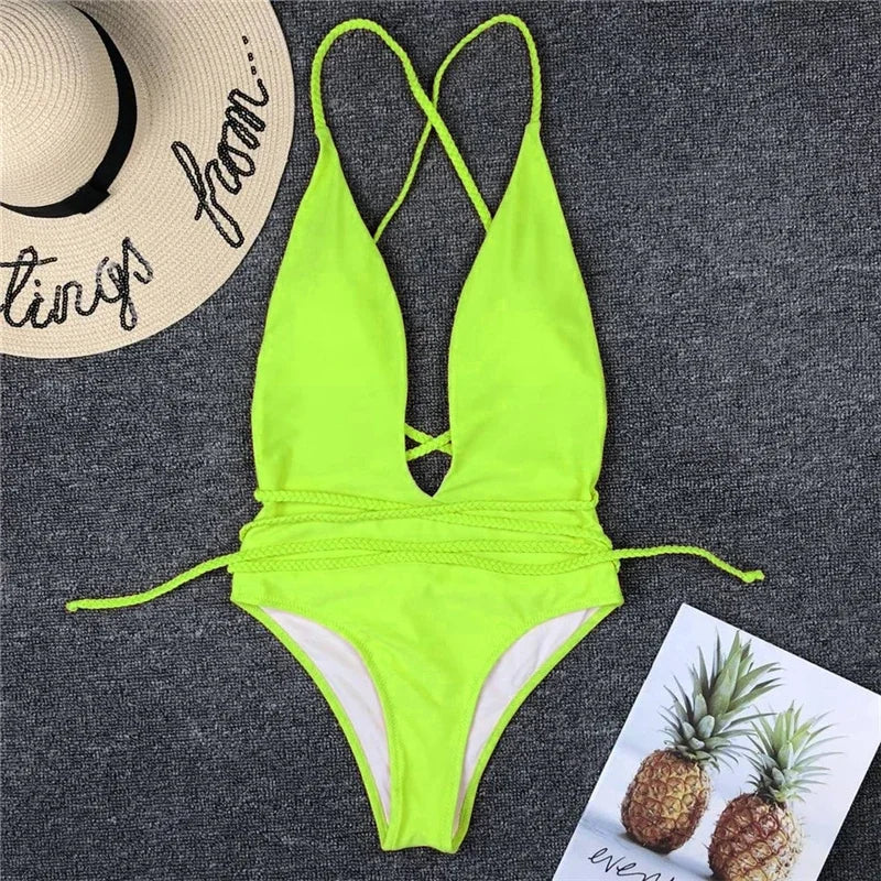 Sexy Deep V Neck Wrap Around Female Swimwear One Piece Swimsuit Women Backless Monokini High Leg Cut Bathing Suit Swim Beachwear