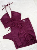 Sexy 3-Piece Bikini Set Women Burgundy Hollow Swimwear Swimsuit Bikinis Set Bathing Suit Beach Bikini Female Drawstring Skirt