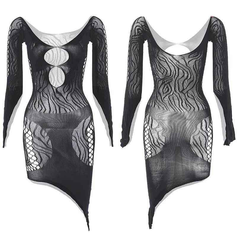 1 Piece Beach Cover Up without Bikini Summer's Hottest Mesh Swimsuit Women Summer Pool Swimwear Long Sleeves Hollow Out Dress