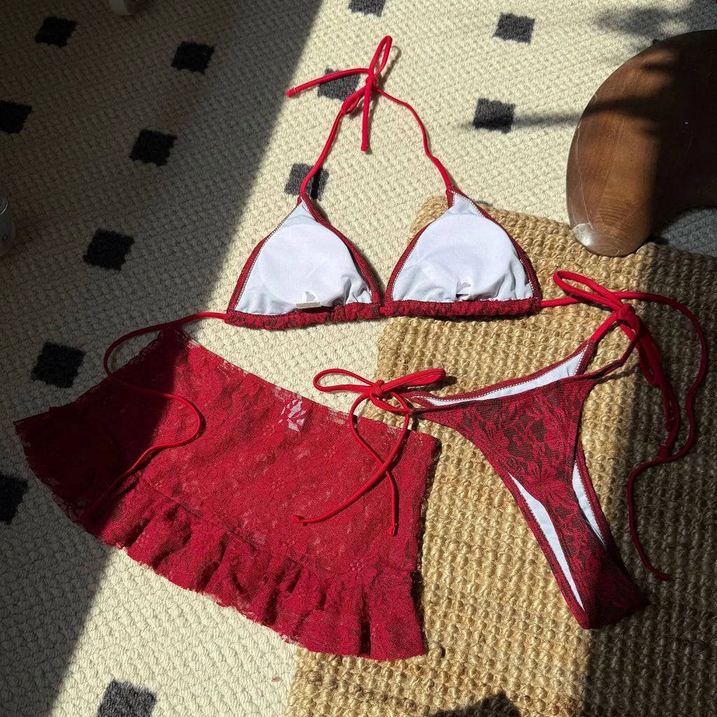 DEKA Micro Thong Bikini Set Sexy Lace Double-Layered 3 Pieces Swimsuit With Sexy Mesh Skirt Women Beach Swimwear