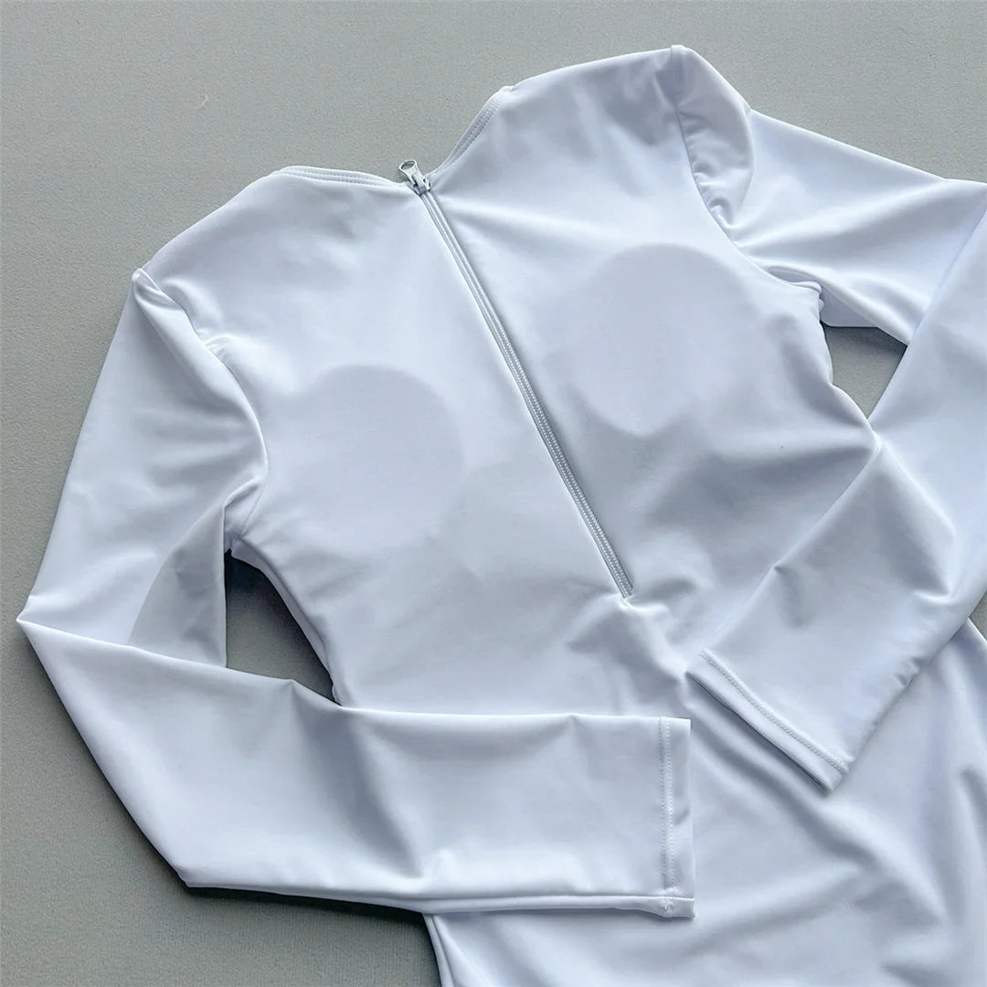 2026 Long Sleeve With Zipper Solid Women Swimwear One Piece Swimsuit Female Padded High Leg Cut Bather Bathing Suit Swim V7752