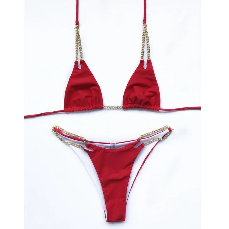 Sexy Cow Print Halter Metal Chains Brazilian Bikini Women Swimsuit Female Swimwear Two Pieces Bikini Set Bathing Suit Swim Lady