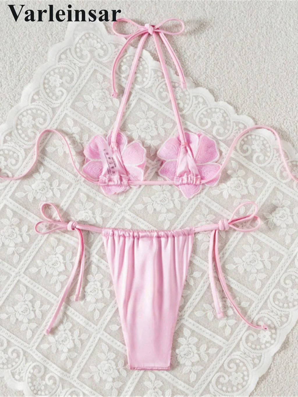 S - XL New Shiny 3D Flowers Halter Bikini Female Swimsuit Women Swimwear Two-Pieces Bikini Set Bather Bathing Suit Swim V7703