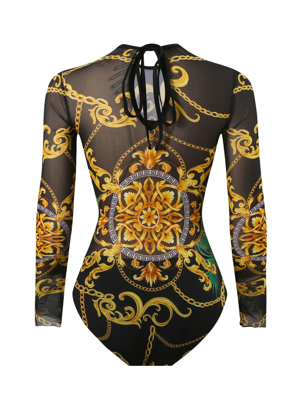 2026 Printed Mesh Swimsuit One Piece & Beach Dress Long Sleeves Swimwear Women Bathing Swimming Swim Suit Padded Beachwear