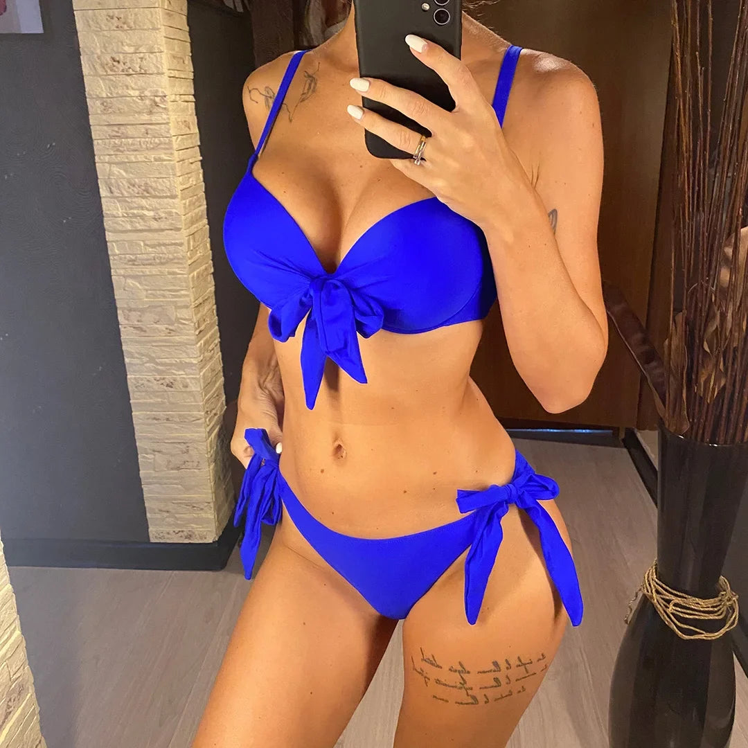 XS - XL Knotted Push Up Bikini Swimsuit Female Swimwear Women Two-pieces Bikini Set With Bra Cup Bather Bathing Suit Swim V3992