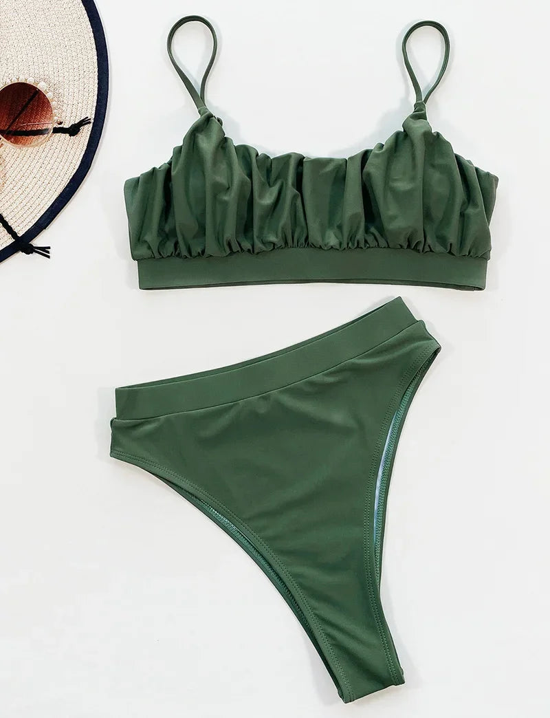 2025 Wrinkled Ruched High Waist Bikini Women Swimsuit Female Swimwear Two Pieces Bikini Set High Cut Bathing Suit Swim Beachwear