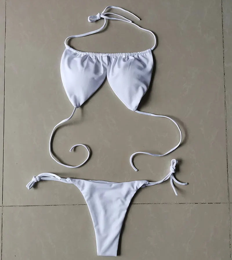 Summer Sexy Bikini set Push-up padded Bra Thong Split Swimwear Female Bandage Bathing Suit Adjustable Lacing Swimsuit Solid