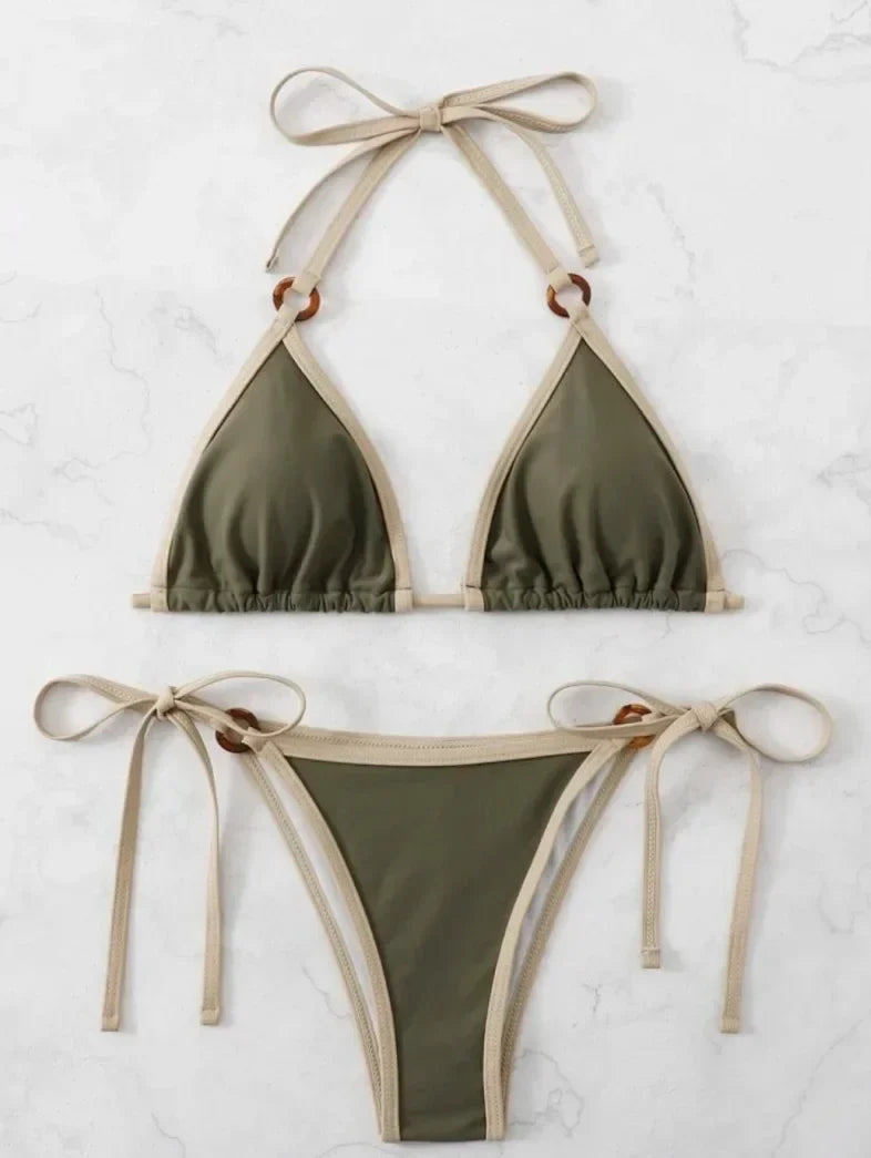 Women Green Halter Micro Ring String Bikini Sets Two Pieces Tie Thong Swimsuit Swimwear Bathing Suit Beach Outfits Biquini