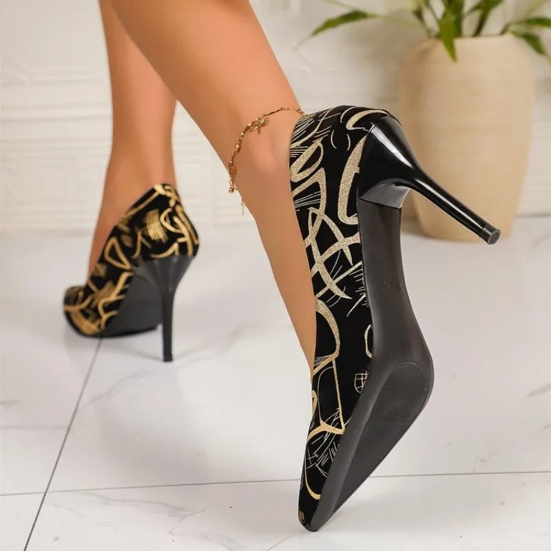 New Summer Sexy Pointed Toe Graffiti Pumps Thin Women High Heels Gladiator Party Dress Luxury Ladies Shoes Wedding Shoes Bride