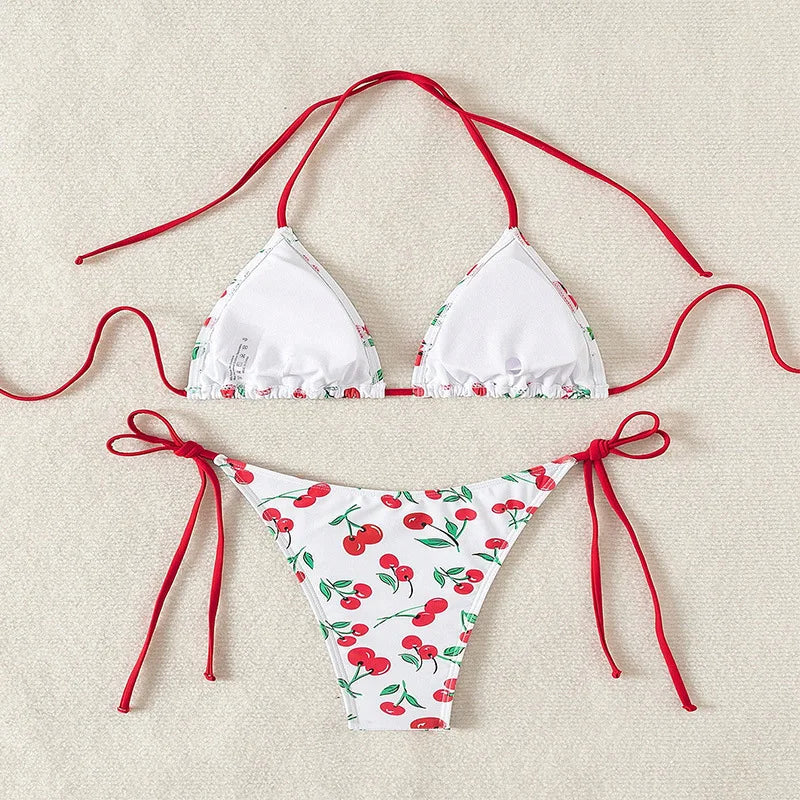 Sexy women cute cherry print halter string micro bikini sets two pieces swimsuit Swimwear bathing suit beach outfits biquini